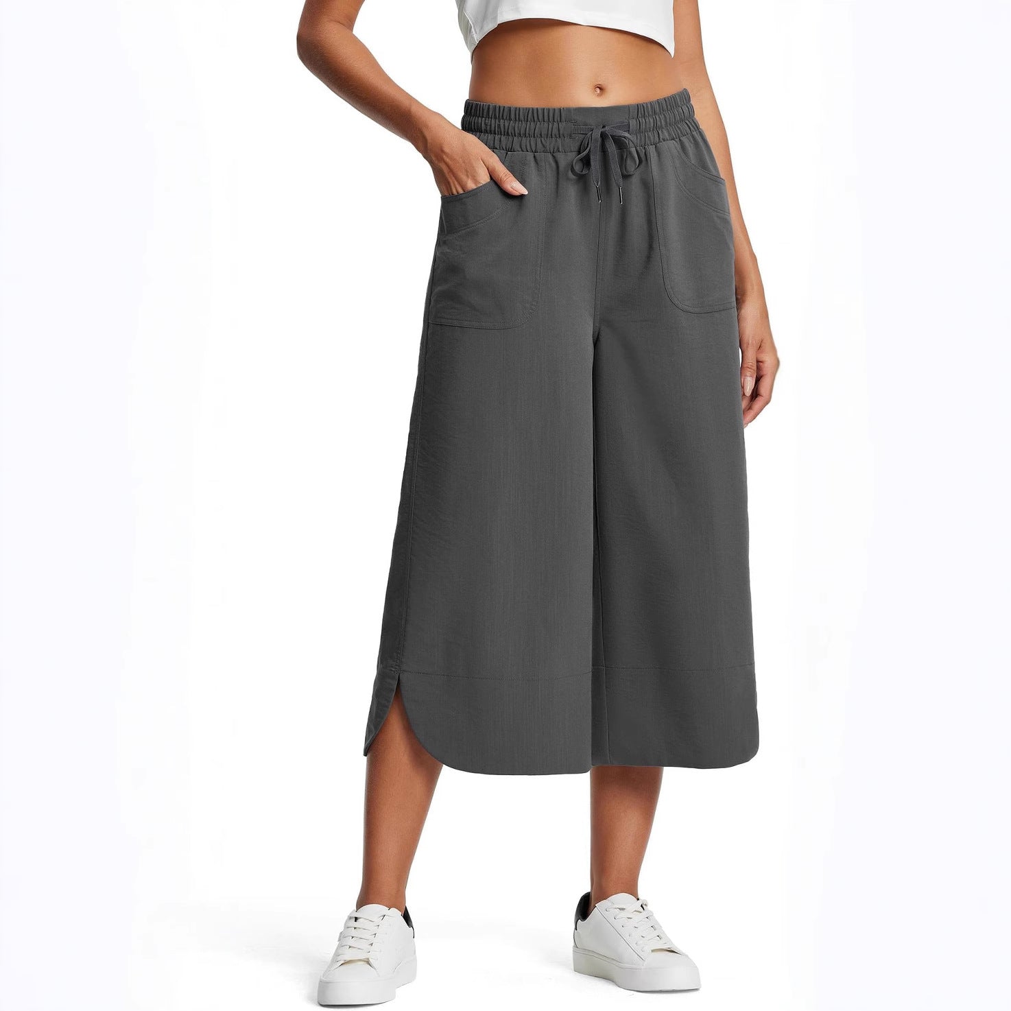 Spring Summer Elastic Waist Solid Color Wide Leg Loose Casual Cropped Pants for Women