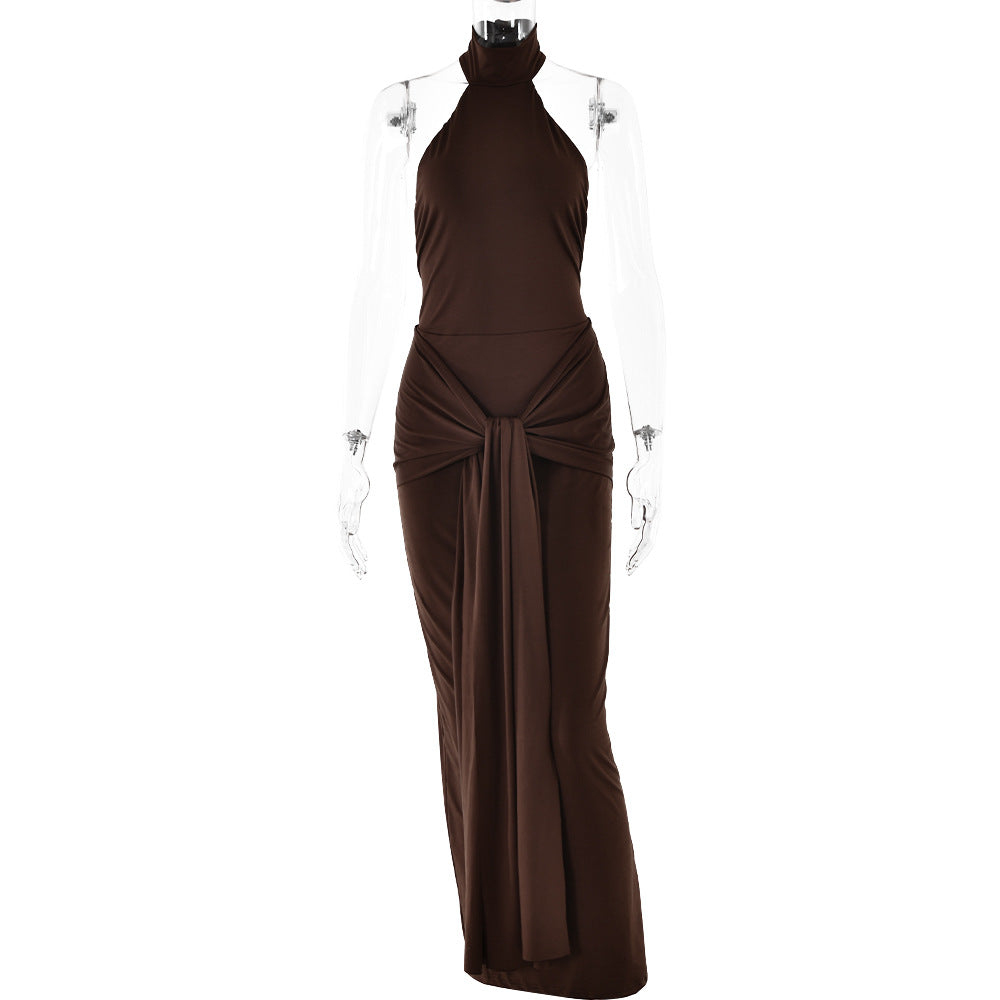 Spring round Neck Tied Dress Women Sexy Backless Tight Dress Brown