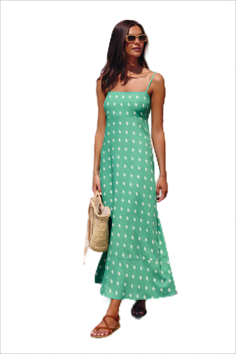 Summer Vacation Split Sling Dress Green and White Spots