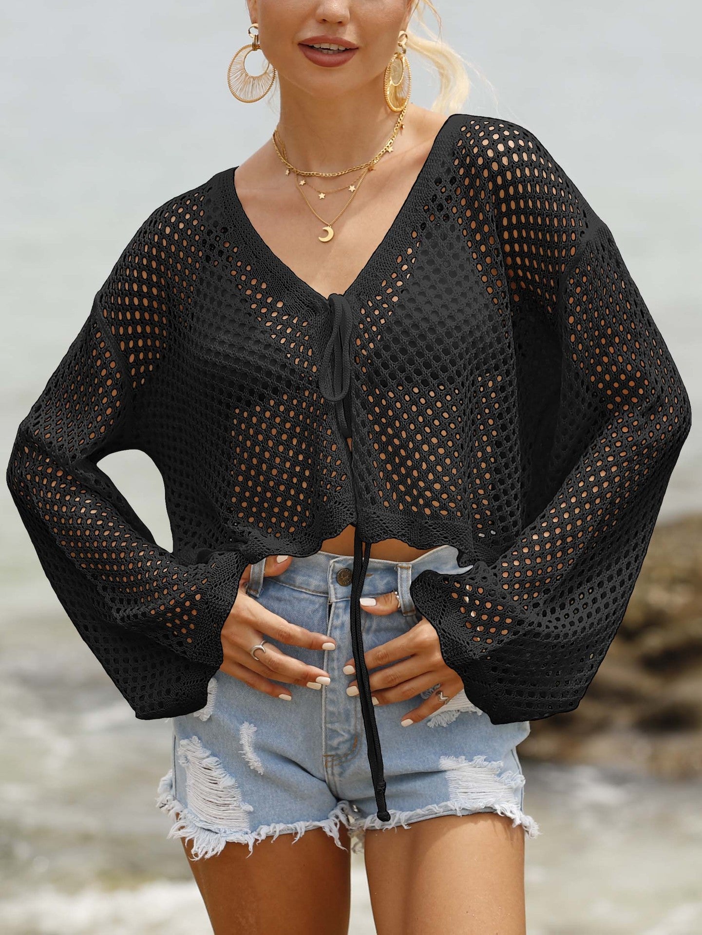 Women Lace up Women Clothing Hollow Out Cutout Woven Shirt Beach Sun Protection Long Sleeved Blouse Casual Jacket One Size Black