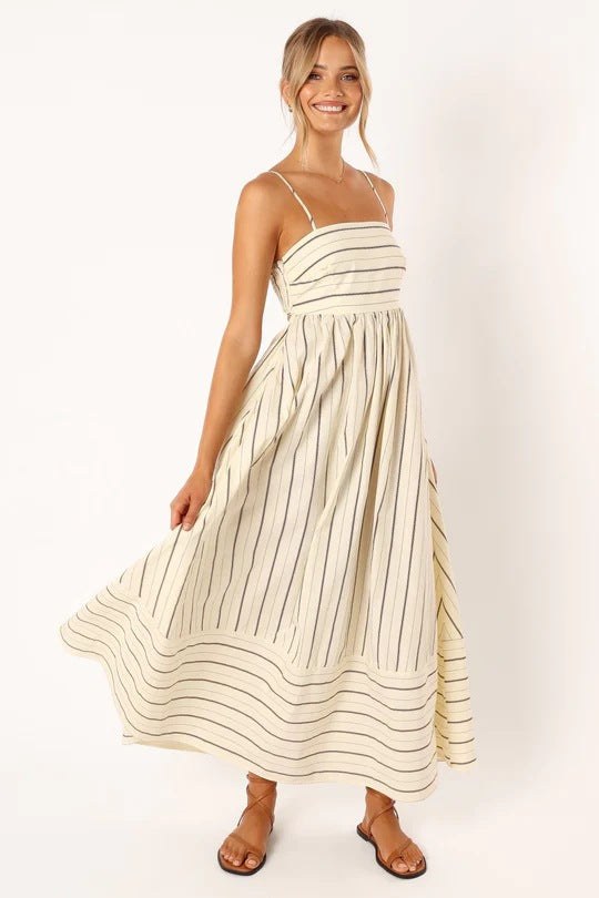 Women Striped Sleeveless Strap Backless Large Swing Casual Dress Beige Stripes Dress