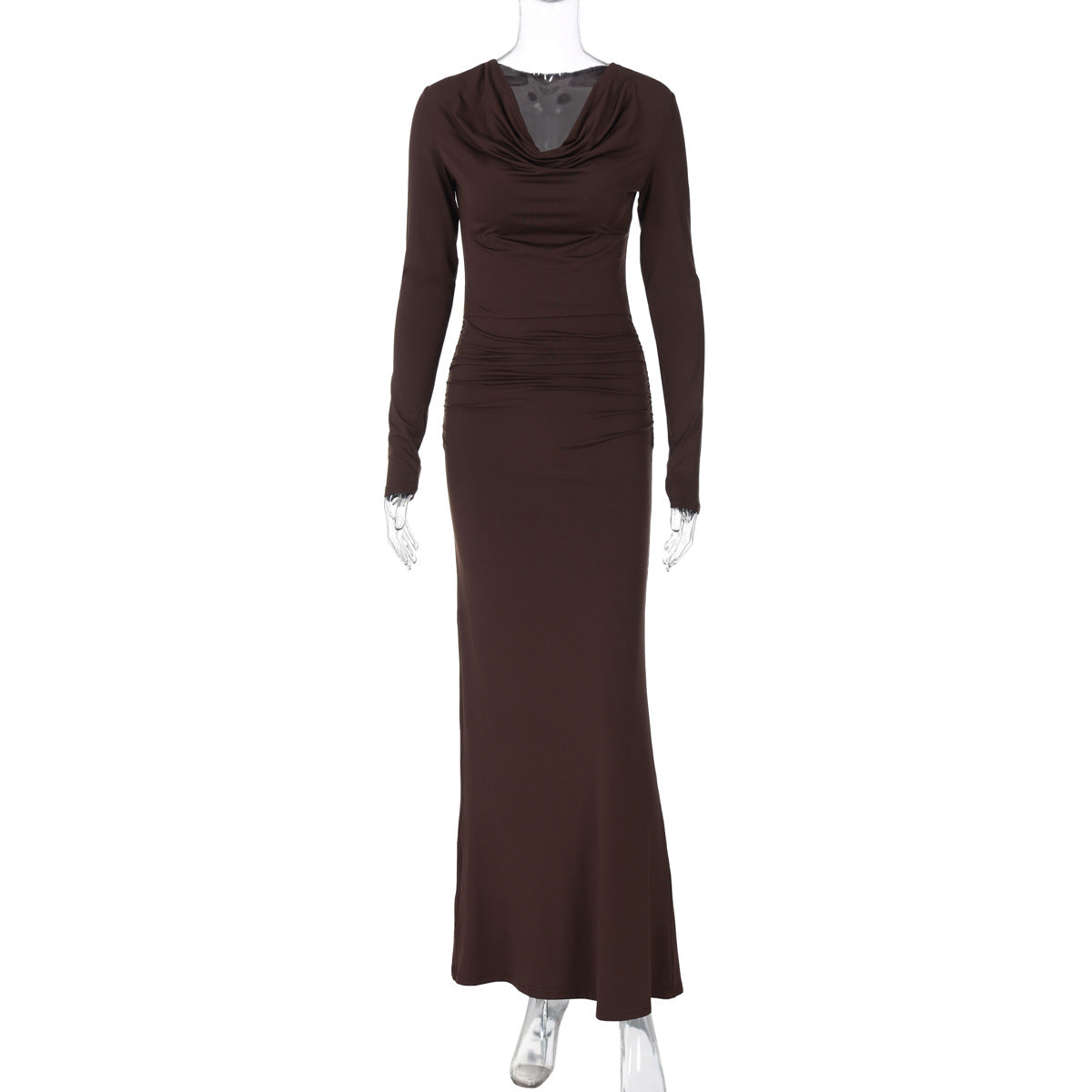 Winter Women Clothing Swing Collar Long Sleeve Pleated Slim Sheath Dress Brown