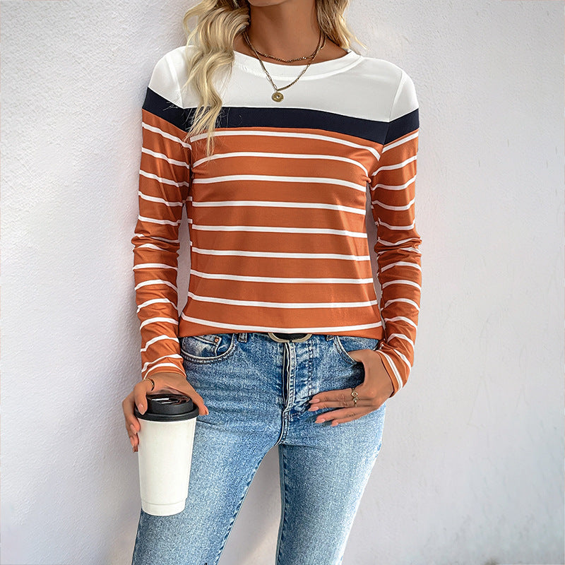 Spring Summer Casual Top Long Sleeve round Neck Striped T shirt for Women Brown