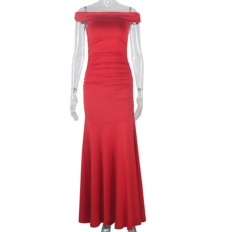 Women Wear Solid Color Elegant Tube Top Fairy Dress Zipper Raglan Sleeve off Neck Length Dress Red