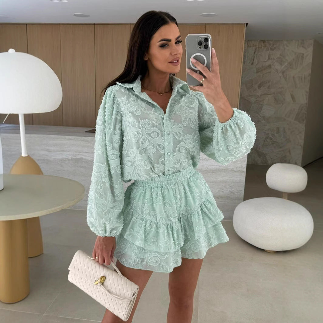 Women Summer Lace Hollowed Casual Long Sleeve Set