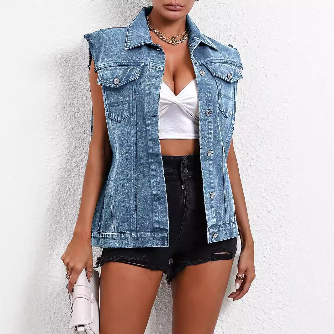 Women Clothing All Matching Graceful Commuting Denim Vest Coat