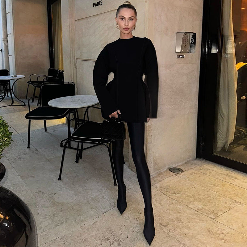 Women Clothing Winter Crew Neck Waist Tight Long Sleeve Zipper Dress