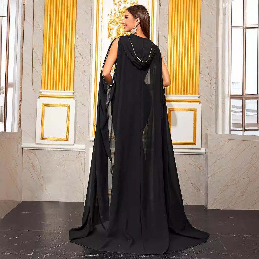 Women Prom Evening Dress V Neck Off Shoulder Hooded Cape Dress Including Belt