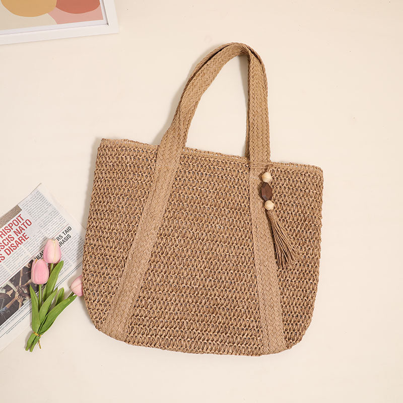 Women Solid Color Woven Bag Large Capacity Shoulder Straw Bag Vacation Beach Bag Women Bag