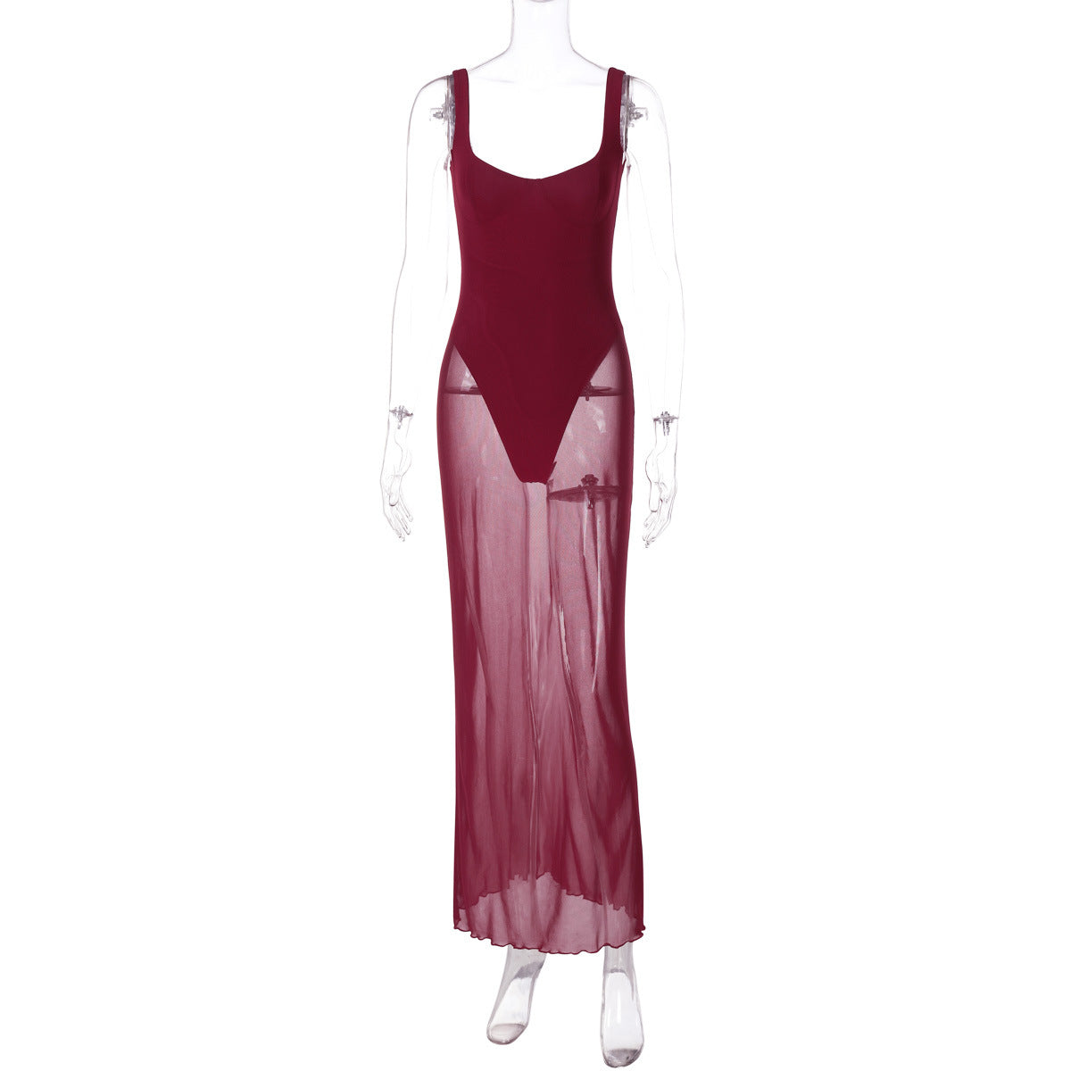 Women Fashionable Elegant Slim Fit Long Stitching Sexy Tulle Side Sling Dress Burgundy