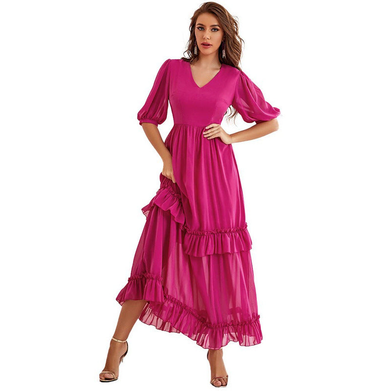 Women Clothing V neck Short Sleeve Tiered Dress