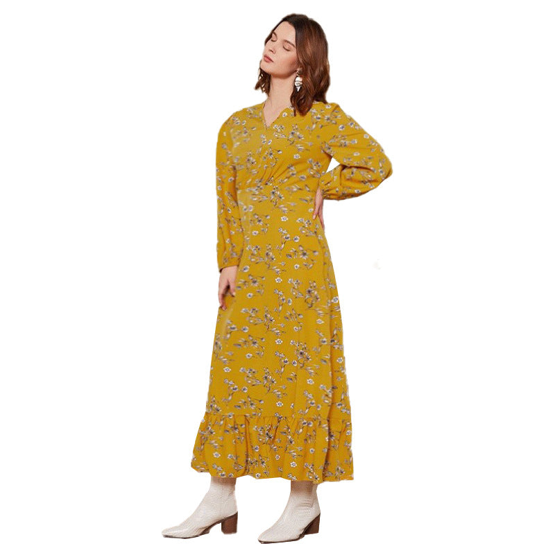 Year V neck Regular Sleeve Long Sleeve Printed Maxi Dress 3XL Yellow