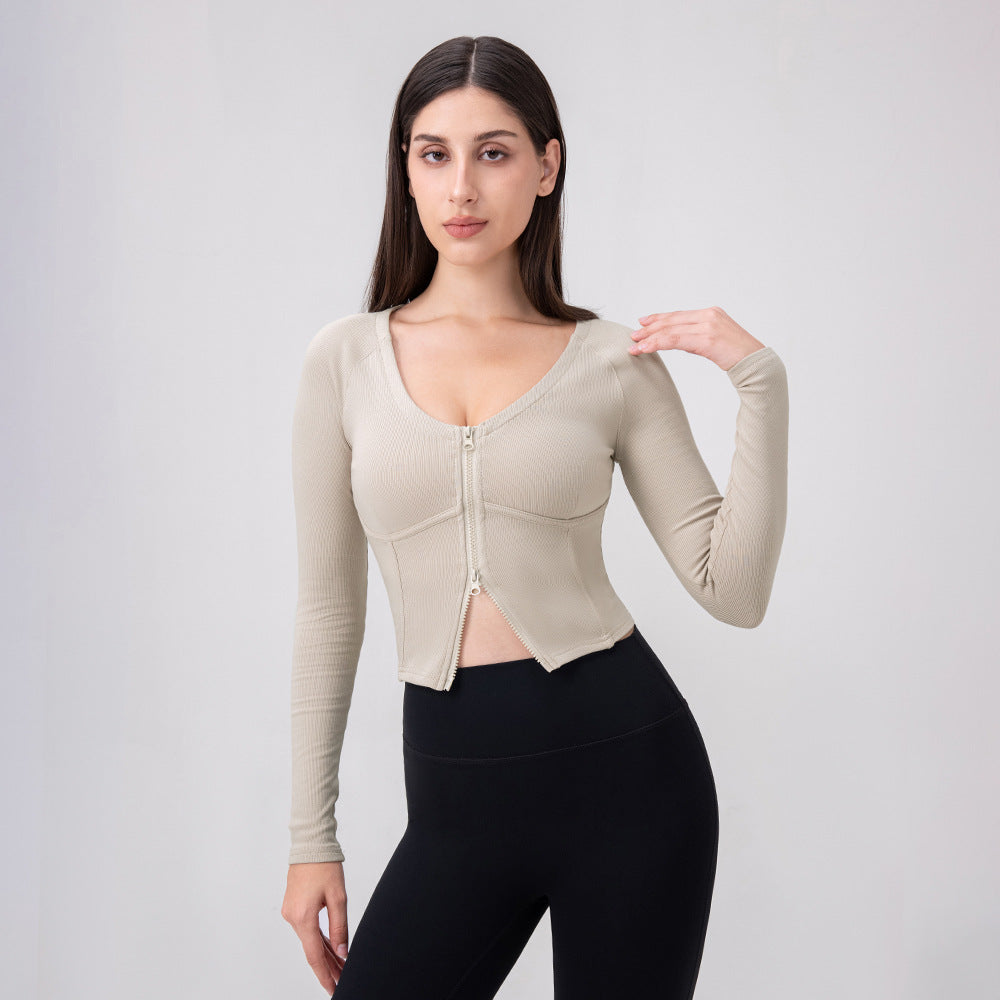 Women Autumn Winter Zipper Sports Top Boning Corset Slim Fit Thin Yoga Wear Sexy U Lead Step Workout Long Sleeve