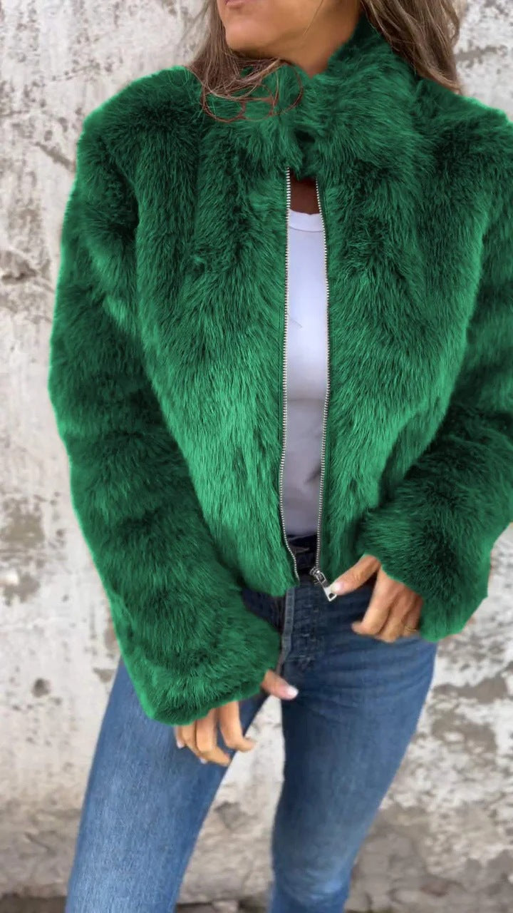 Women Clothing Women Autumn Winter Faux Fur Turtleneck Zipper Casual Top Coat Green