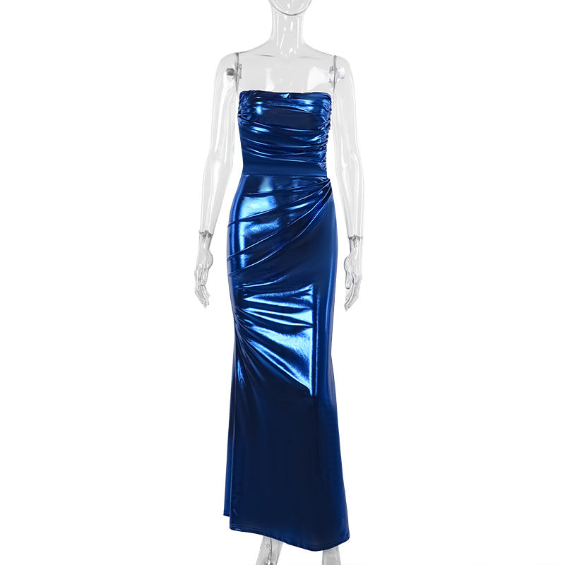 Autumn Socialite Elegant Sexy Slim Mirror Faux Leather Pleated Formal Dress Women Blue