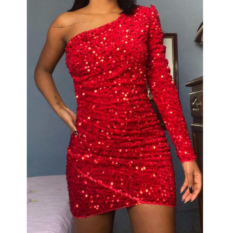 Women Clothes Sexy One Shoulder Sequ Dress High End Evening Dress Tight Sexy Hip Dress Red