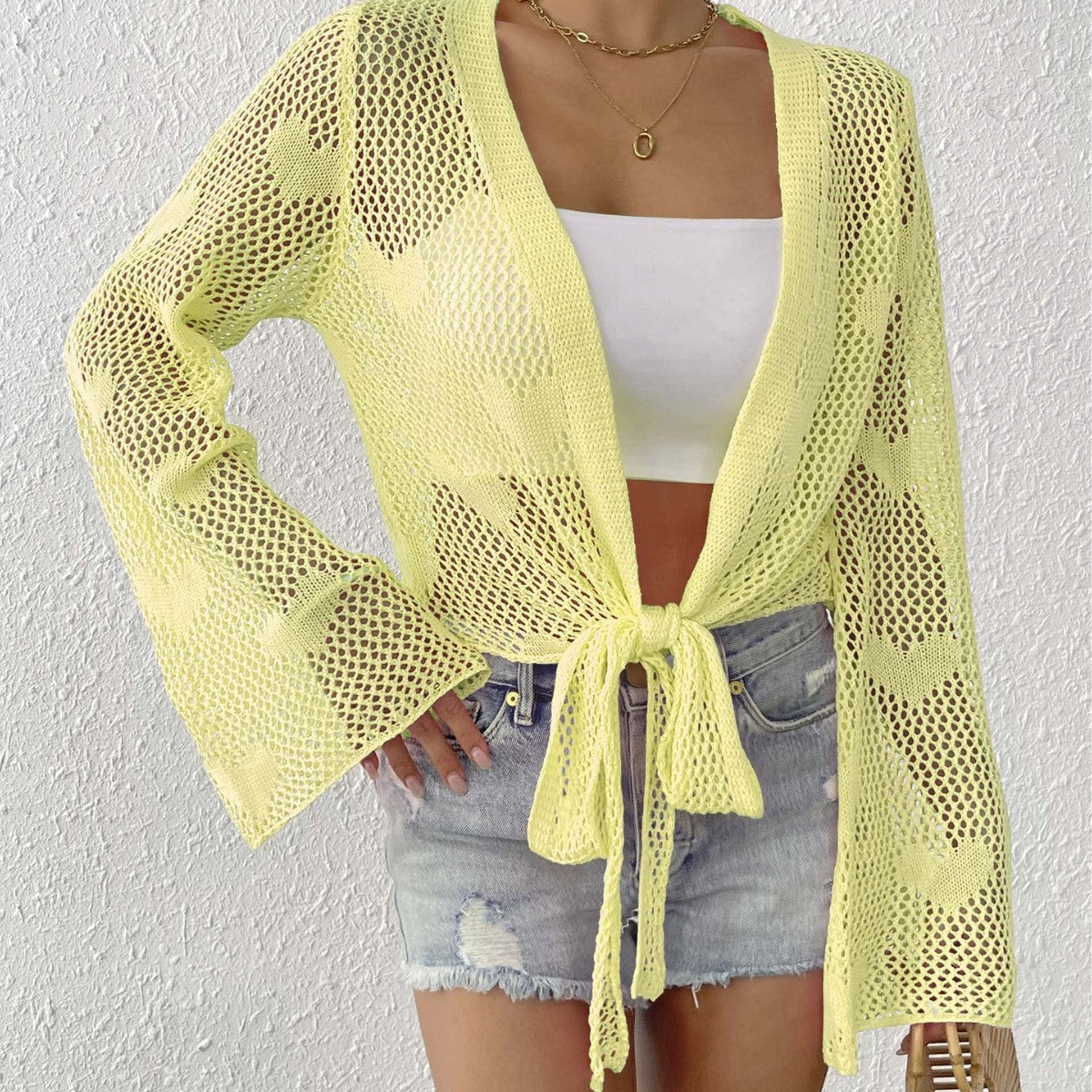 Women Cardigan Clothing Spring Summer Lace up Bow Bell Sleeve Mechanism Shirt Beach Cover Up