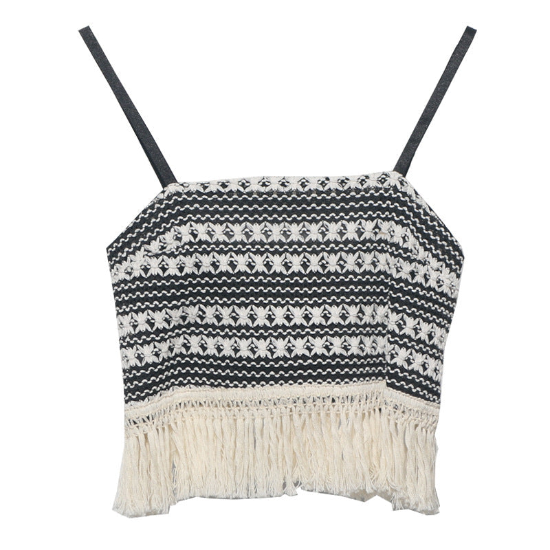 Women Burrs Tassels Stitching Striped Camisole Short Cropped Sleeveless Tube Top