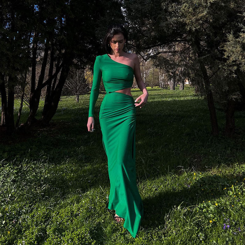 Women Sexy Oblique Shoulder Single Sleeve Pleated Cropped Outfit Split Mid Length Women Dress Green