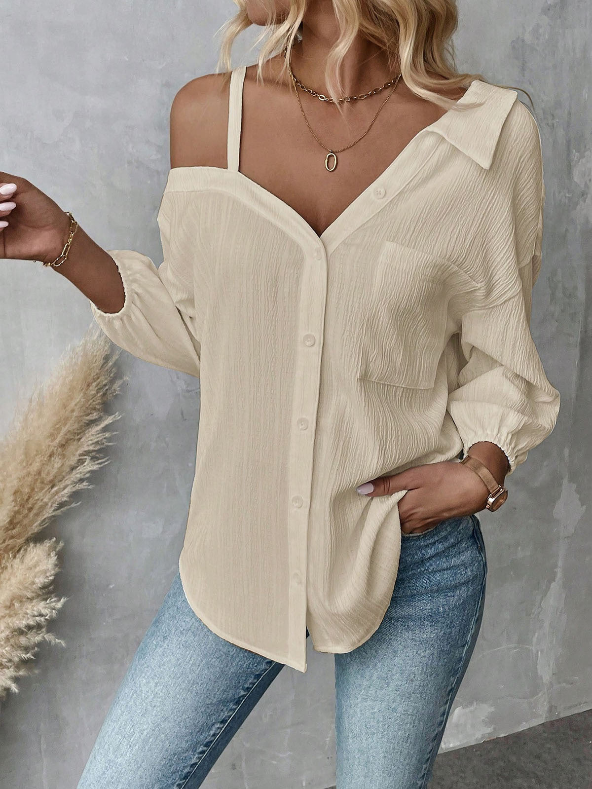 Spring Summer Collared Three Quarter Sleeve off Shoulder Cardigan Texture Single Breasted Casual Shirt Apricot