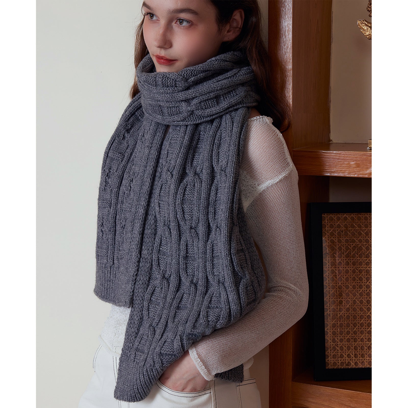 Winter Atmosphere Thickened Solid Color Knitted Scarf Shawl Women Couple General High Grade Woolen Scarf One Size Gray