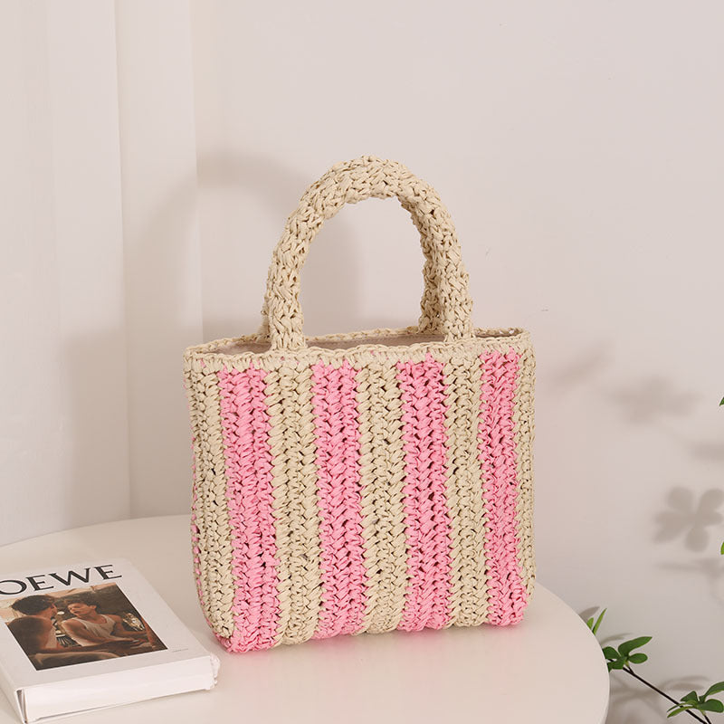 Vertical Stripes French Straw Bag Portable Contrast Color Straw Bag Woven Bag Women's Bag Seaside Vacation Beach Bag One Size Two-Color Vertical Stripes Pink Small