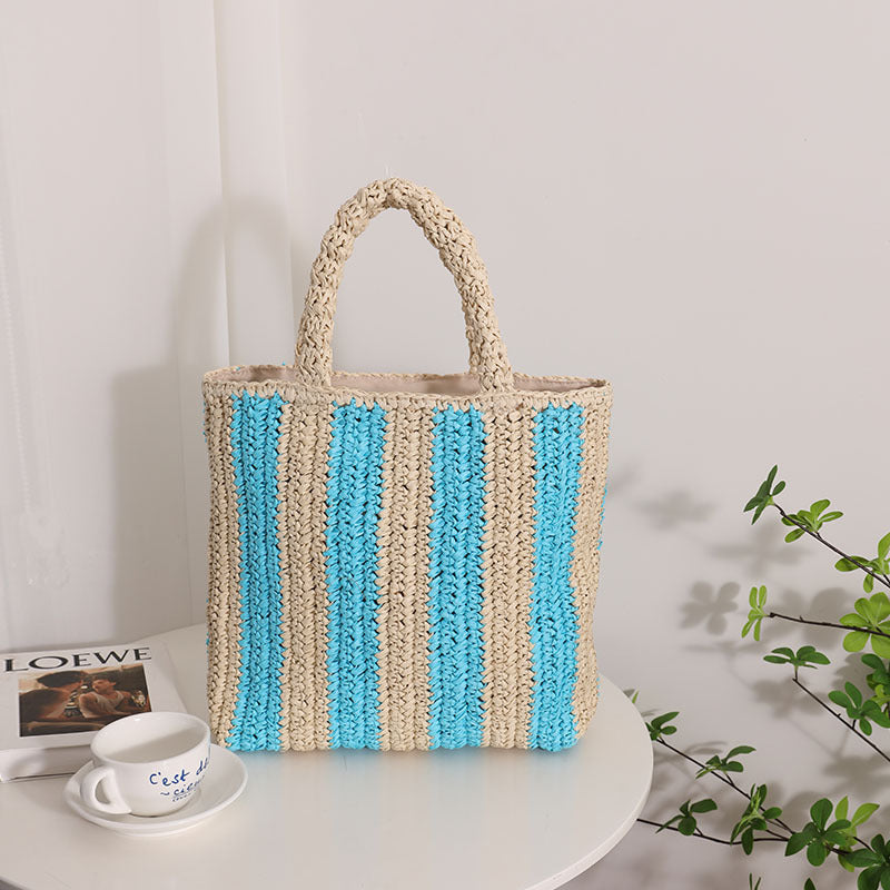 Vertical Stripes French Straw Bag Portable Contrast Color Straw Bag Woven Bag Women's Bag Seaside Vacation Beach Bag One Size Two-Color Vertical Stripes Blue