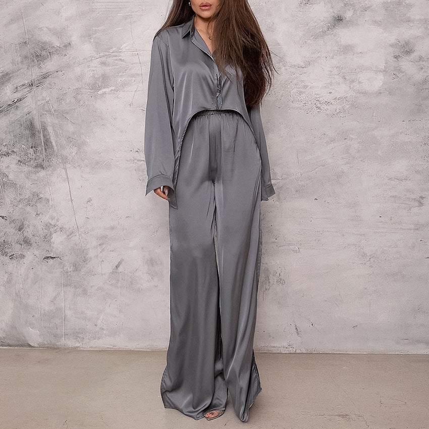 Spring Solid Color Pajamas Outfit Top Trousers Loose Casual Simple Outerwear Women Gray