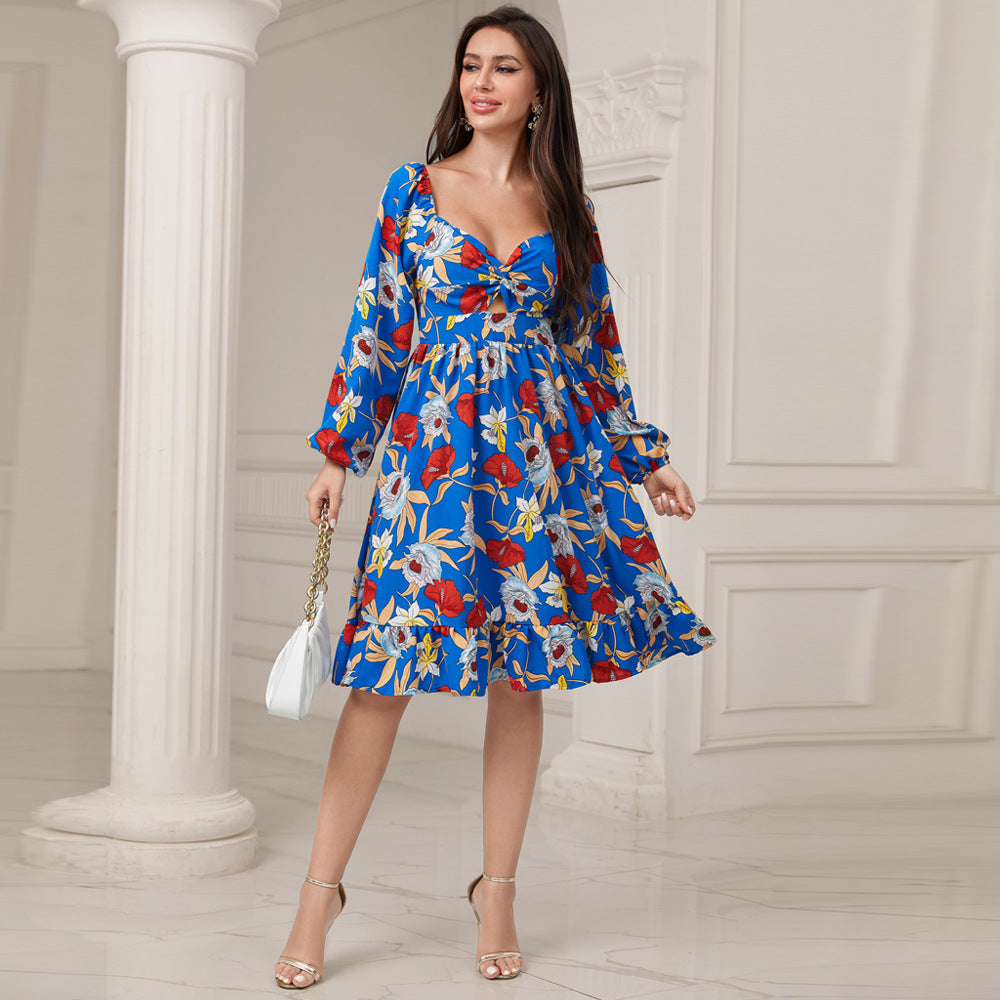 Women Clothing Autumn Digital Printed Chiffon High Waist Dress