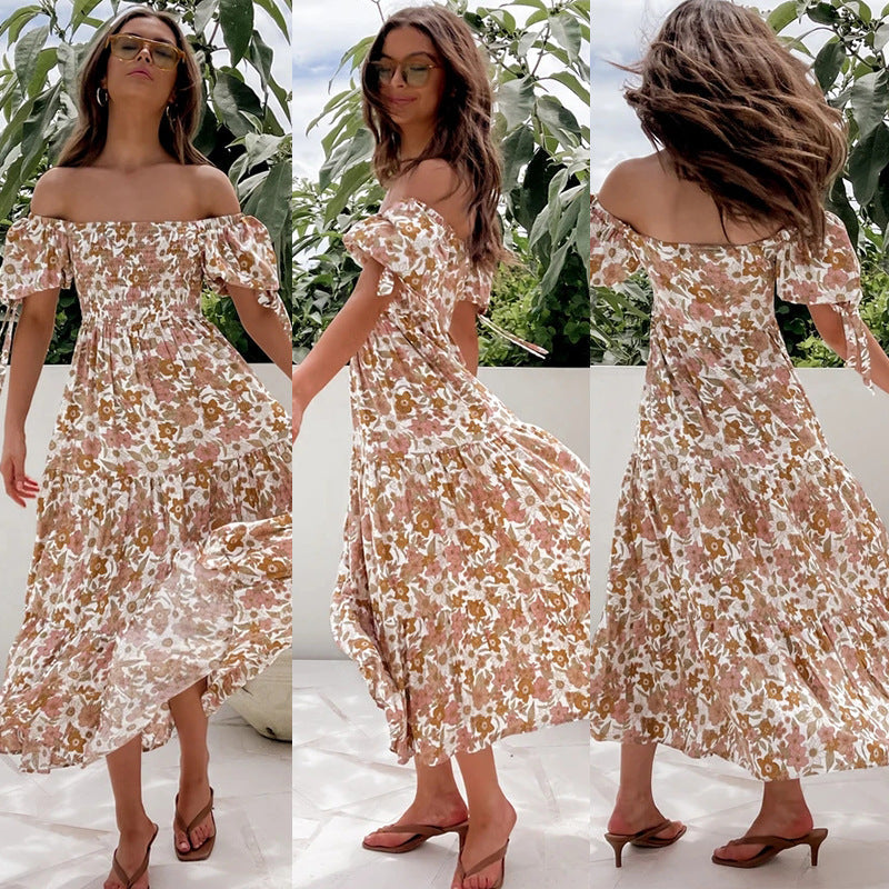 Spring Summer Elegant off-Shoulder Short Sleeve Lace-up Large Maxi Dress for Women