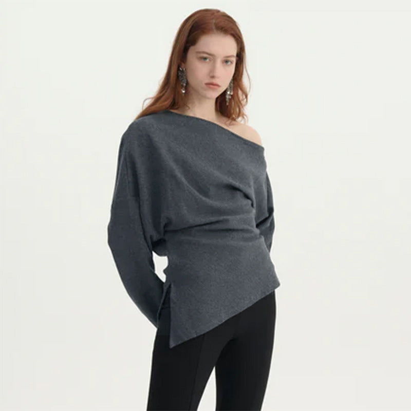 Autumn Casual Solid Color All Matching Knitted Long Sleeve Shoulder Lazy Top Women