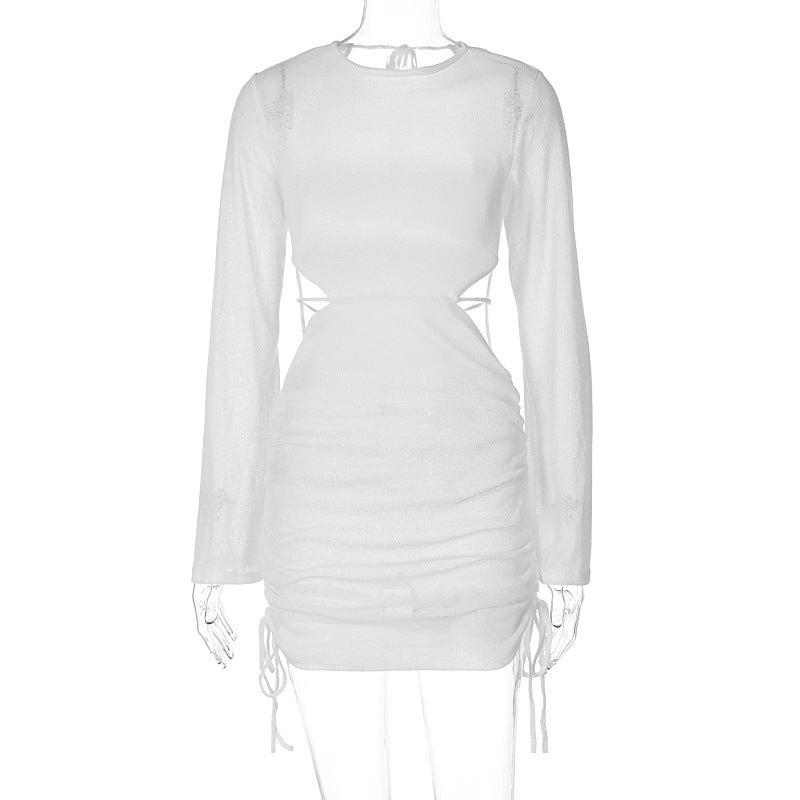 Summer Women Back Hollow Out Cutout out Tied Horn Long Sleeve Dress Women White