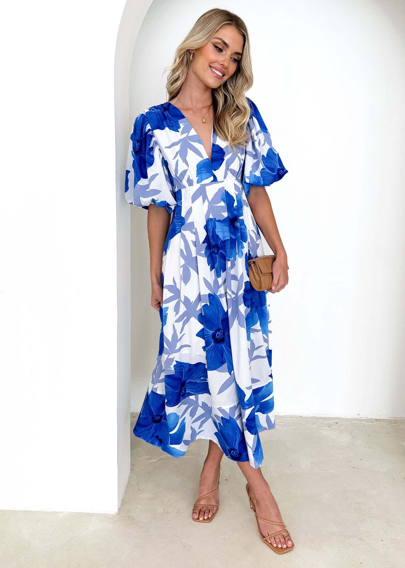 Summer V Neck French Printed Puff Sleeve Casual Holiday Dress Women Blue and White Printing