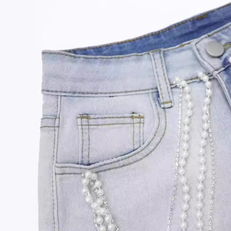 Women Summer Raw Hem High Waist Pearl Rhinestone Tassel Chain Slim Slimming Straight Denim Shorts