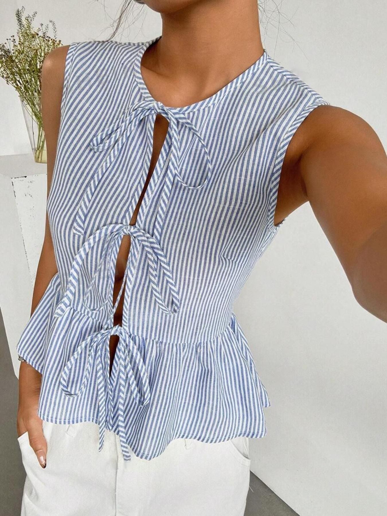 Summer Women Casual Drawstring Sleeveless Shirt Blue