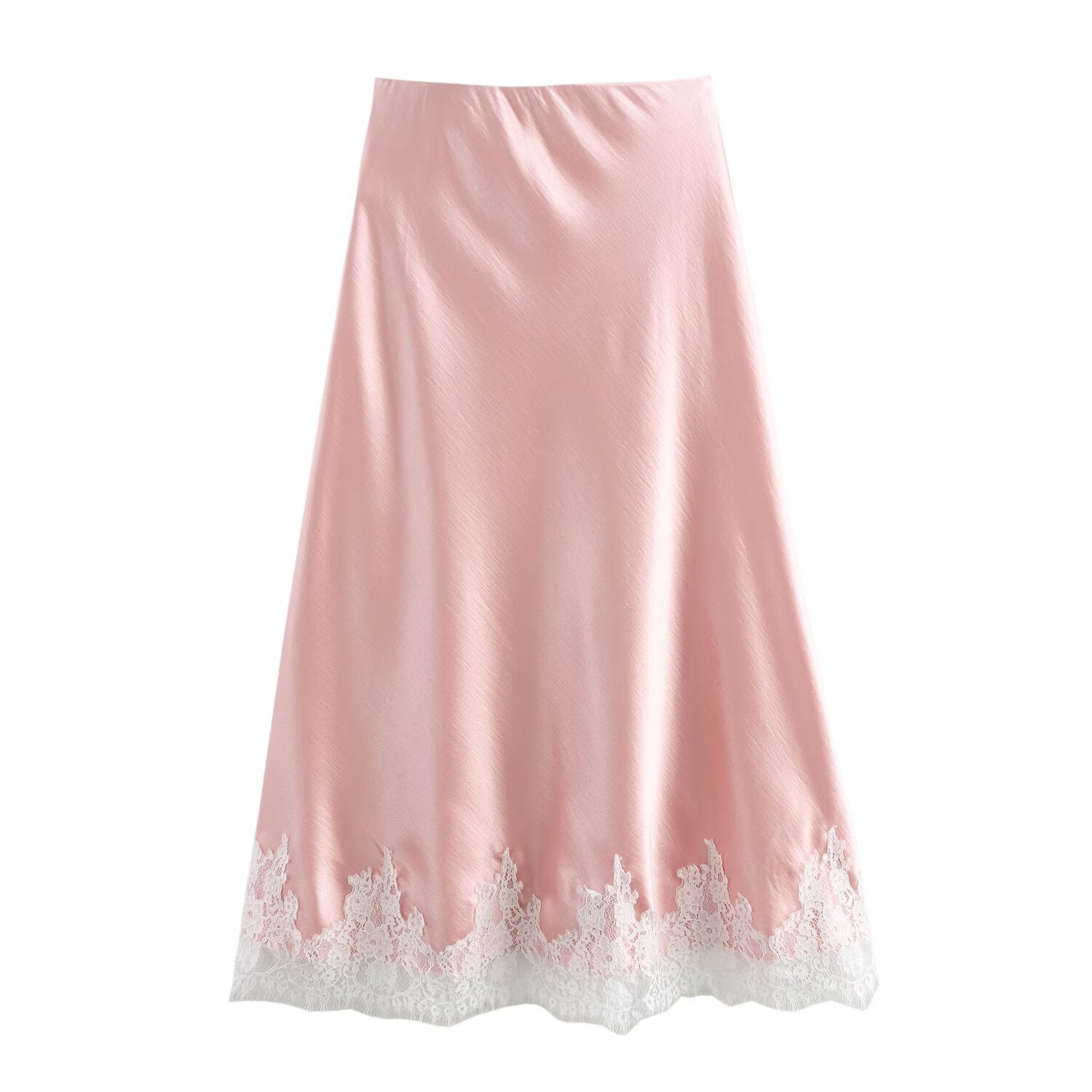 Women Clothing Manufacturers 5 Color Lace Stitching Satin Fabric Midi Skirt Pink