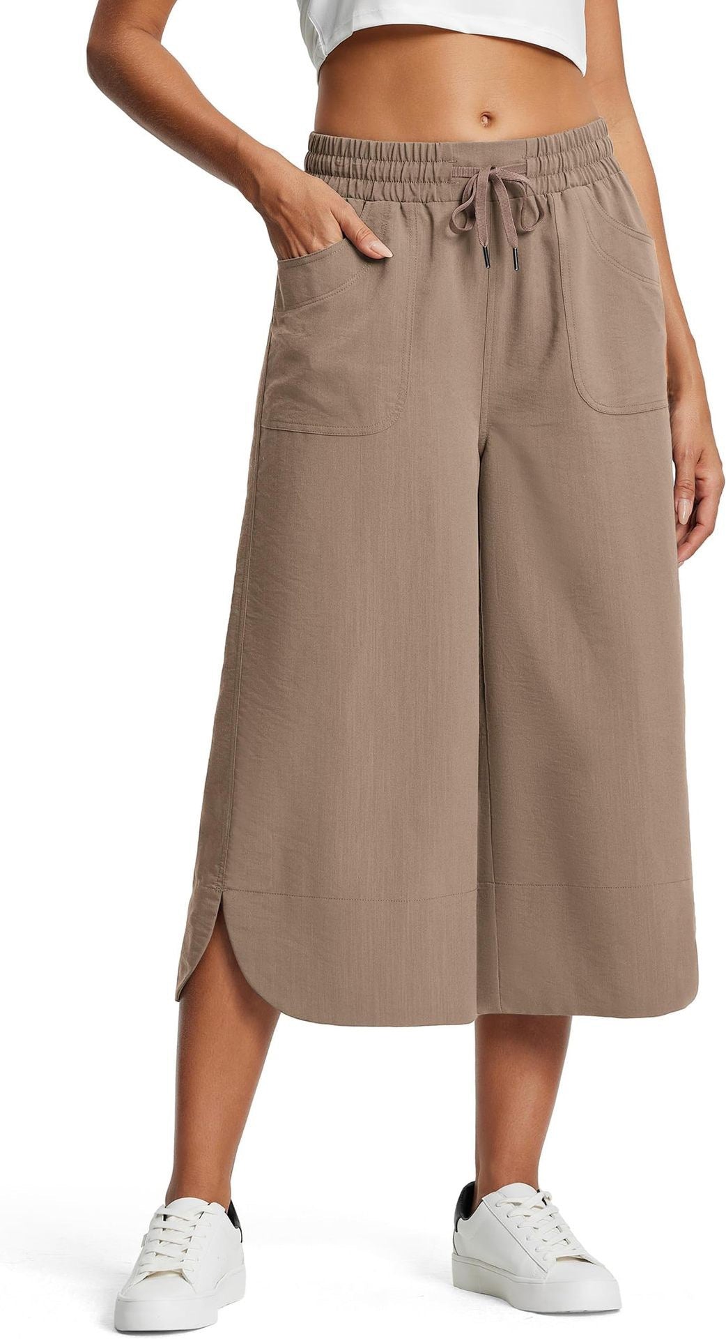 Spring Summer Elastic Waist Solid Color Wide Leg Loose Casual Cropped Pants for Women Khaki