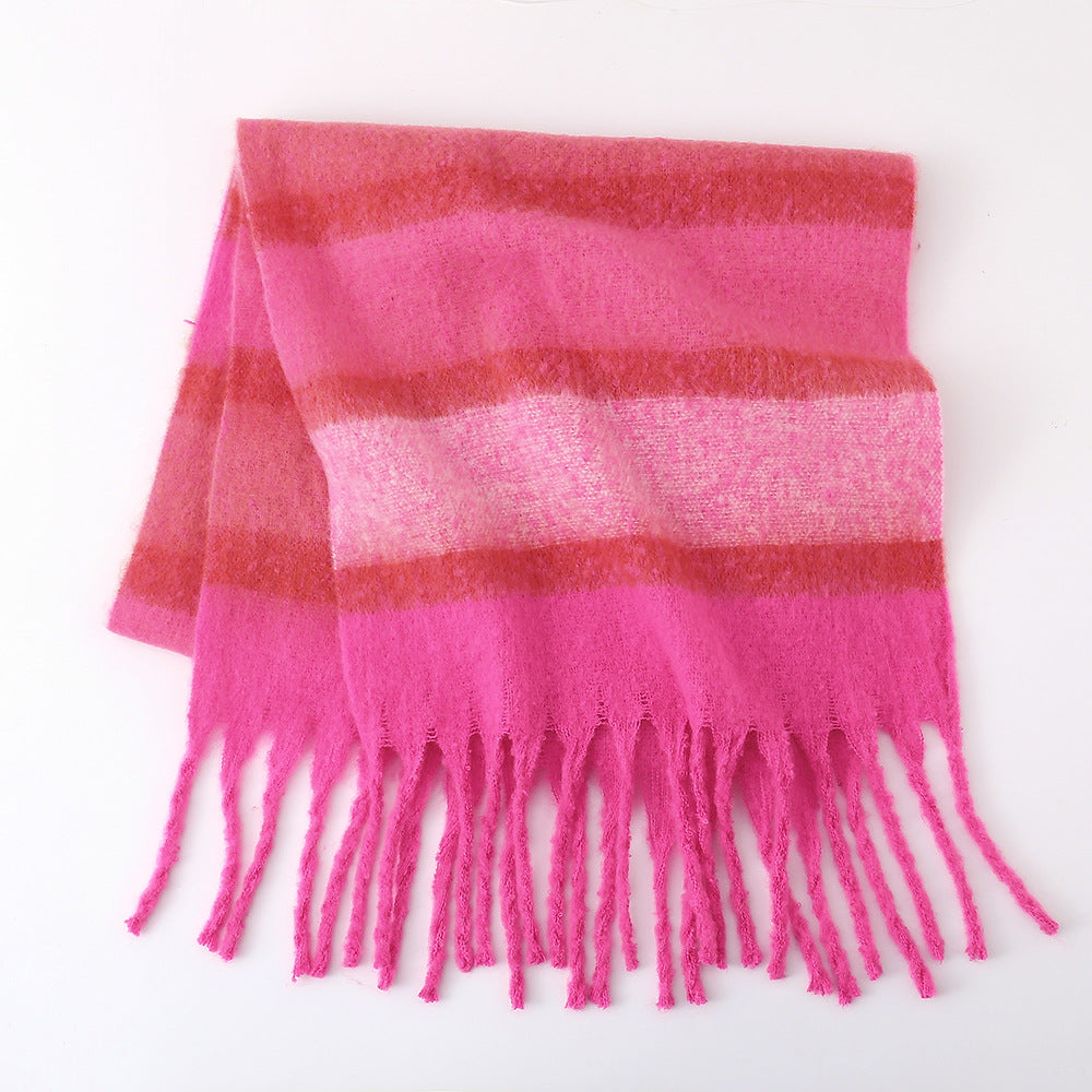 Women Striped Scarf Autumn Winter Mohair Colorful Warm All Matching Shawl Atmosphere Trendy Scarf One Size Plum Pink