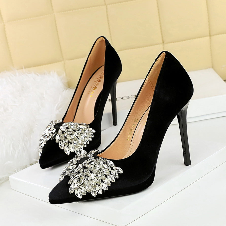 Super High Heel Suede Mature Sexy High Heels Rhinestone Bow Stiletto Waterproof Platform Women Shoes Black