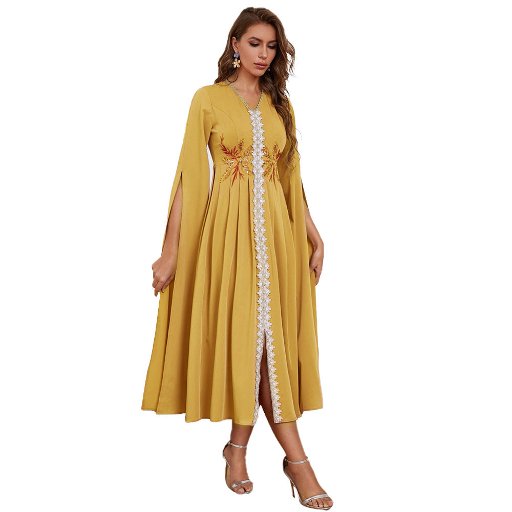 Women Clothing Dress Autumn Winter V neck Embroidery Irregular Asymmetric Maxi Dress Lemon Yellow