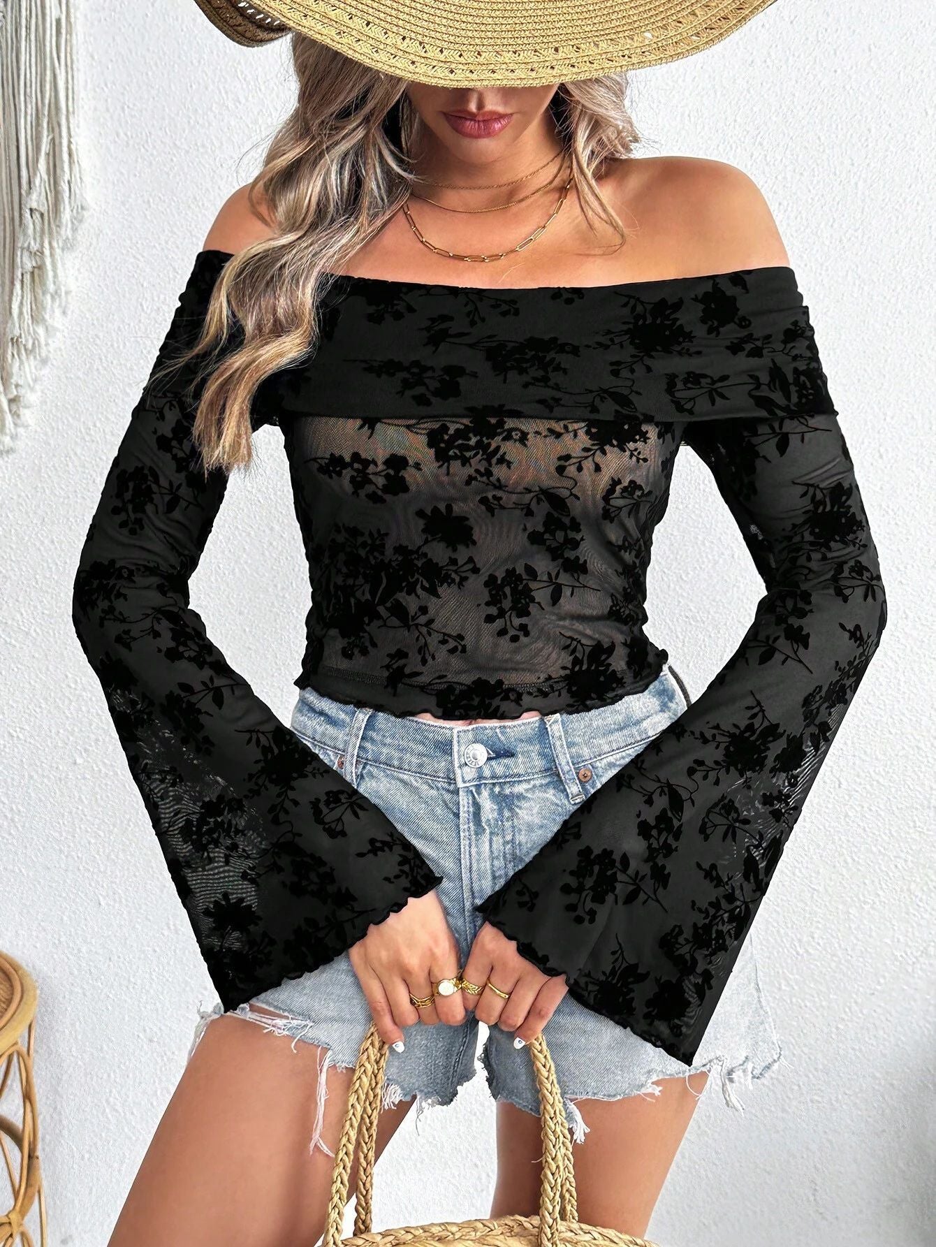 Women Knitted Mesh Flocking Floral Print off the Shoulder Flared Sleeves Slim T shirt Top Women Black