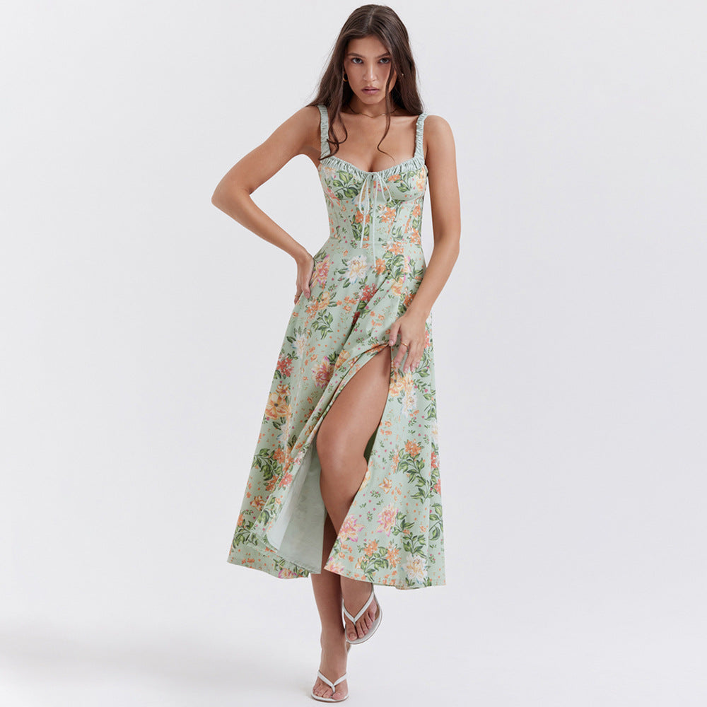 Summer Women Clothing Floral Slip Dress Sexy Backless Slit Mid Length Vacation Dress for Women Green