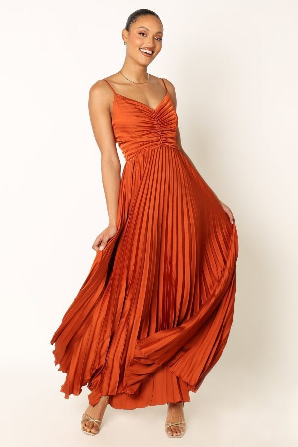 Summer V neck Elegant Graceful Sling Backless Long Pleated Dress Orange