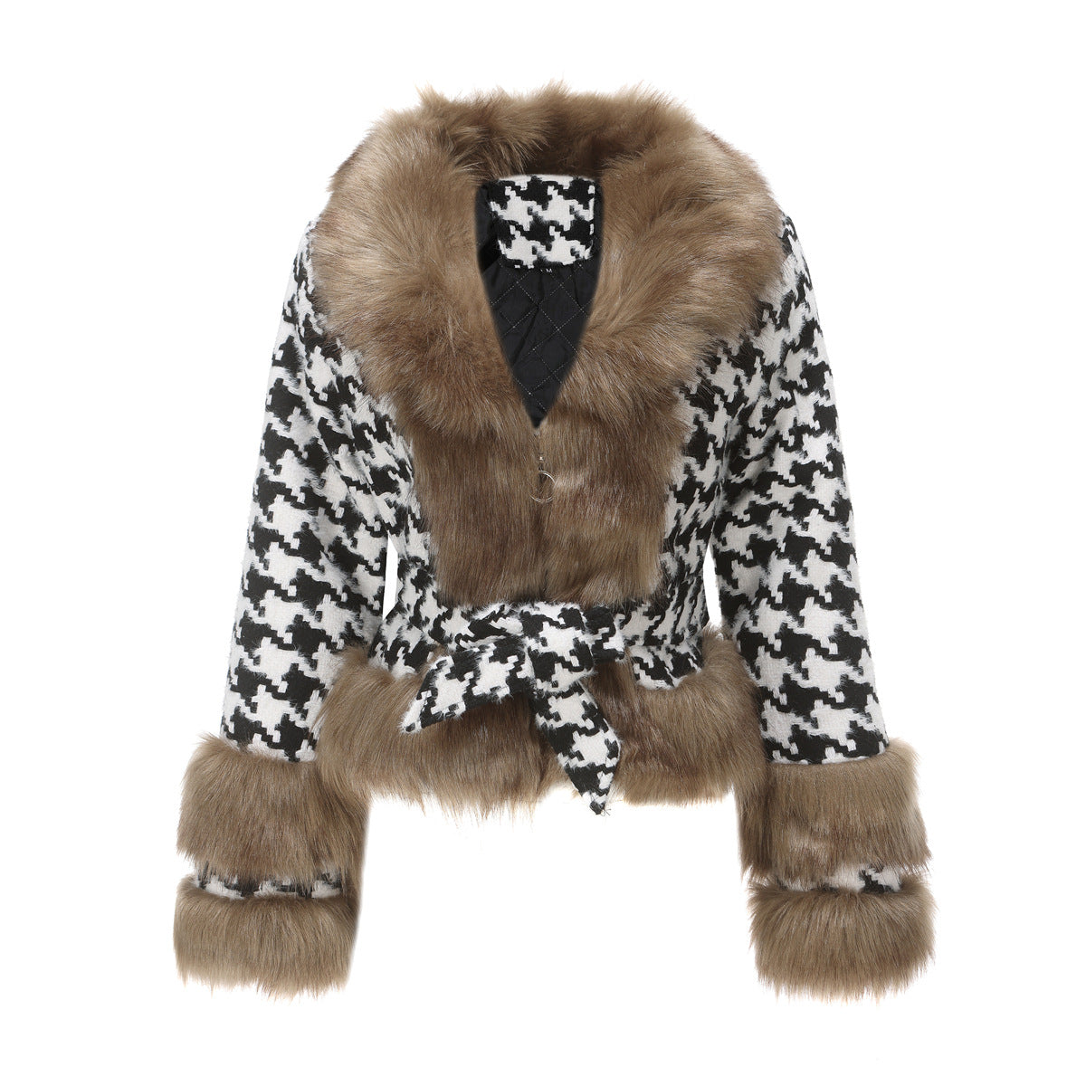 Women Autumn Winter Plaid Coat Detachable Short Fur Collar Tops Houndstooth Chestnut Color