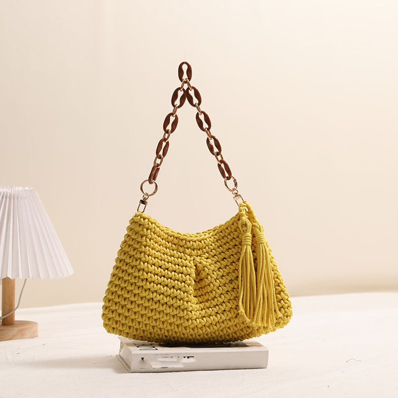 Underarm Cotton Thread Woven Bag Tassel One Shoulder Straw Bag Vacation Beach Bag Niche Women Bag One Size Clip Tassel Yellow