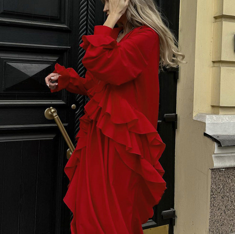 Women Clothing French Design Ruffled Long Sleeve Dress Red V neck Casual Dress