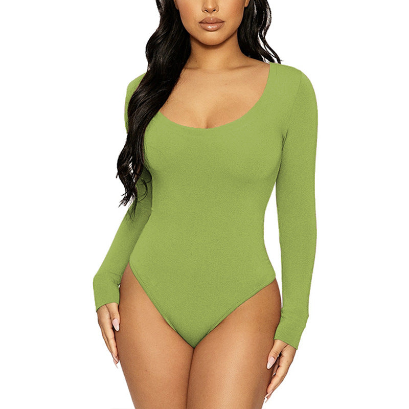 Women Clothing Spring Bottoming Top Slim Fit round Neck Long Sleeves Jumpsuit Bodysuit Green