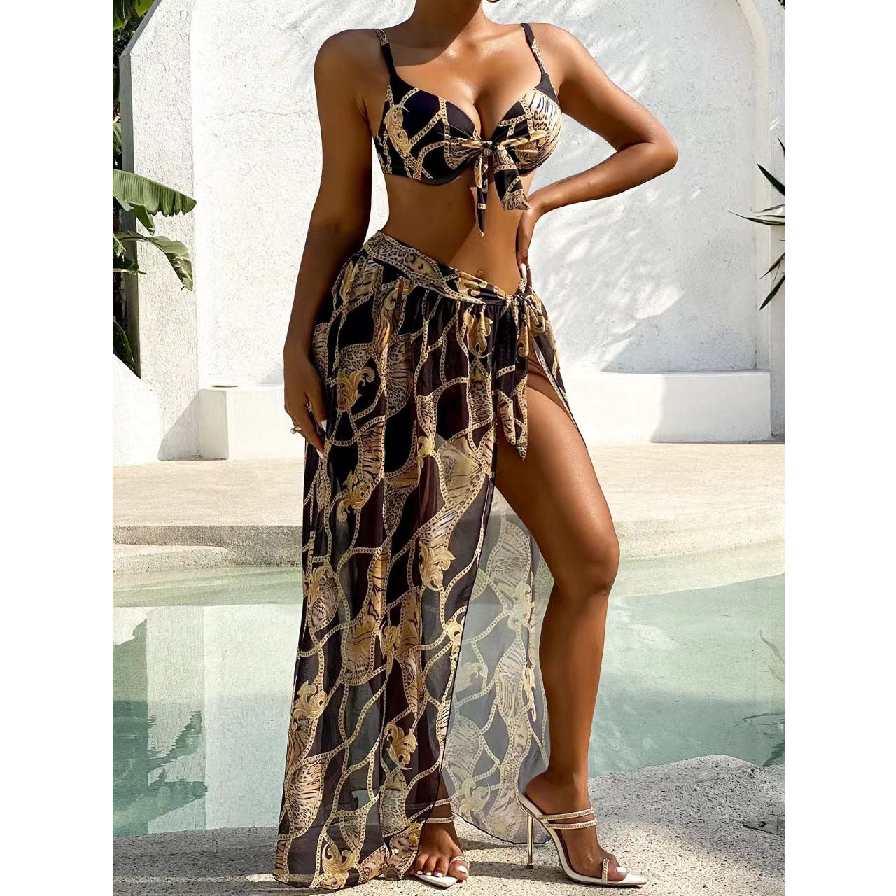 Women Swimwear Color Printed Three Piece Set Bikini