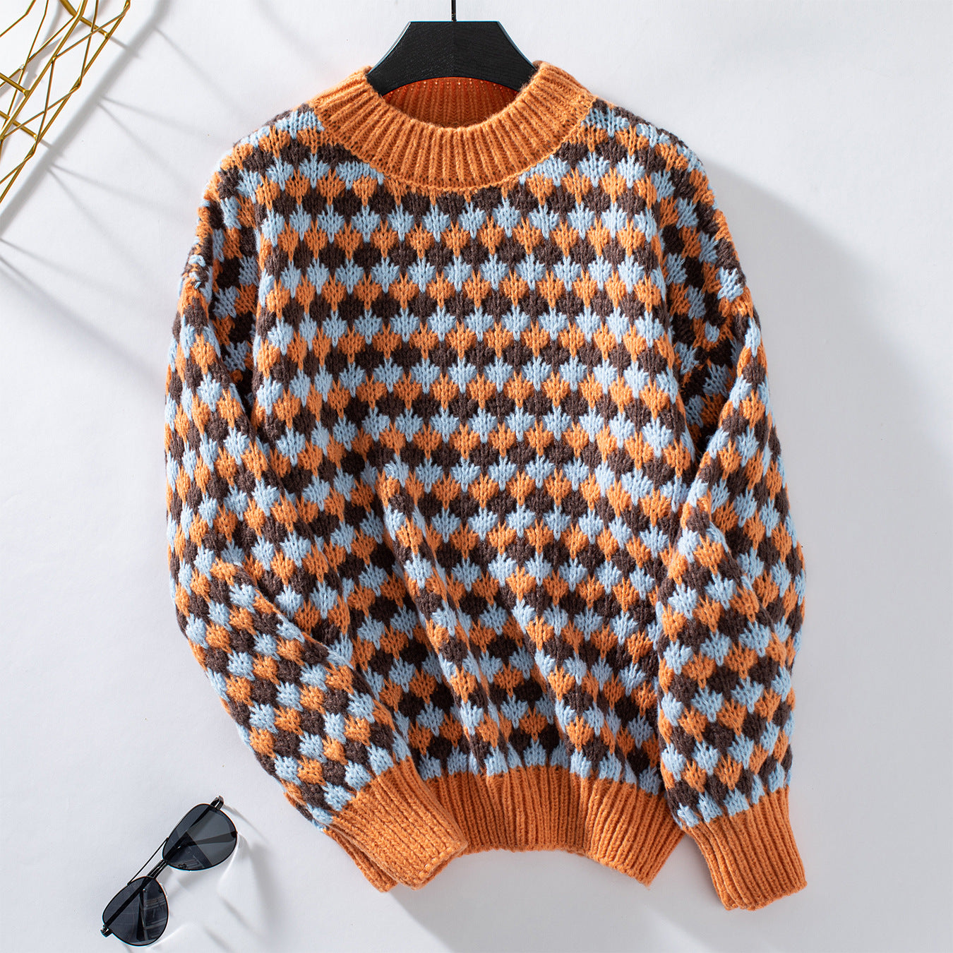 Women Pullover Autumn Winter Sweater Retro Loose Contrast Color Striped Long Sleeve Sweater Top S bisque