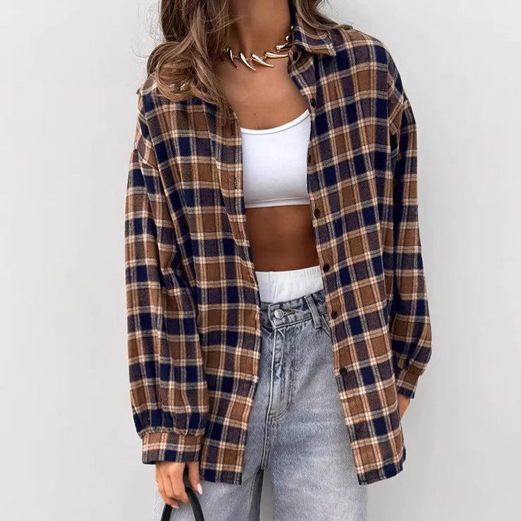 Spring Summer Brown Plaid Collared Loose Shirt Casual Cardigan Women